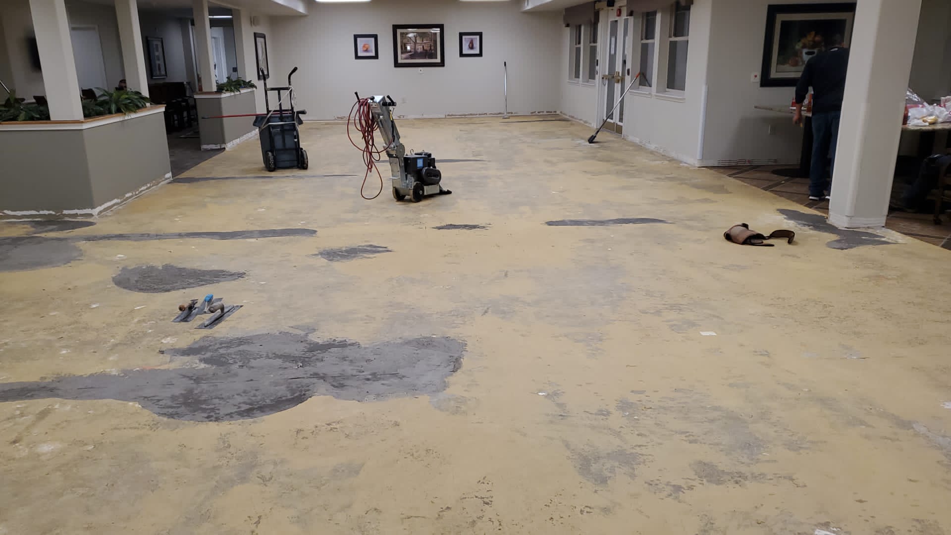 Subfloor preparation underway in a commercial interior