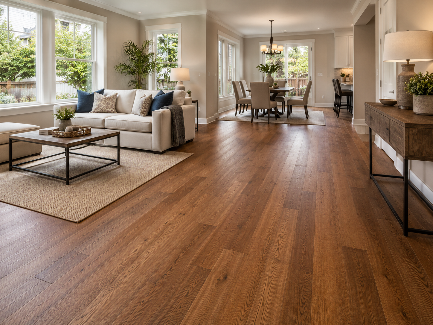 Wood flooring through a living and dining room