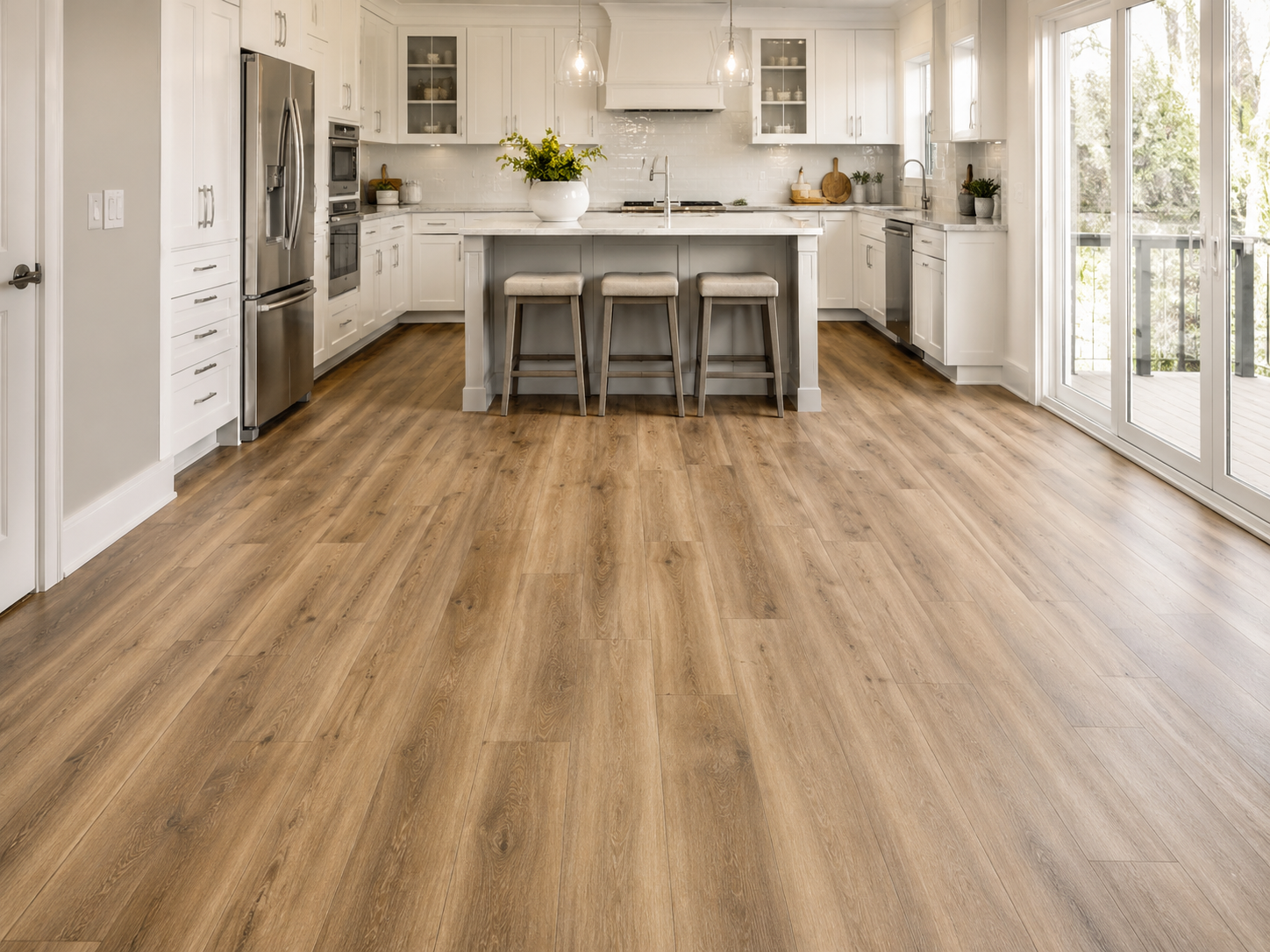 Wood-look plank flooring across a kitchen