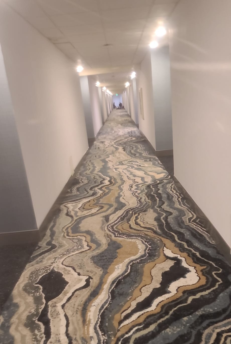 Marbled-pattern carpet through a long hallway